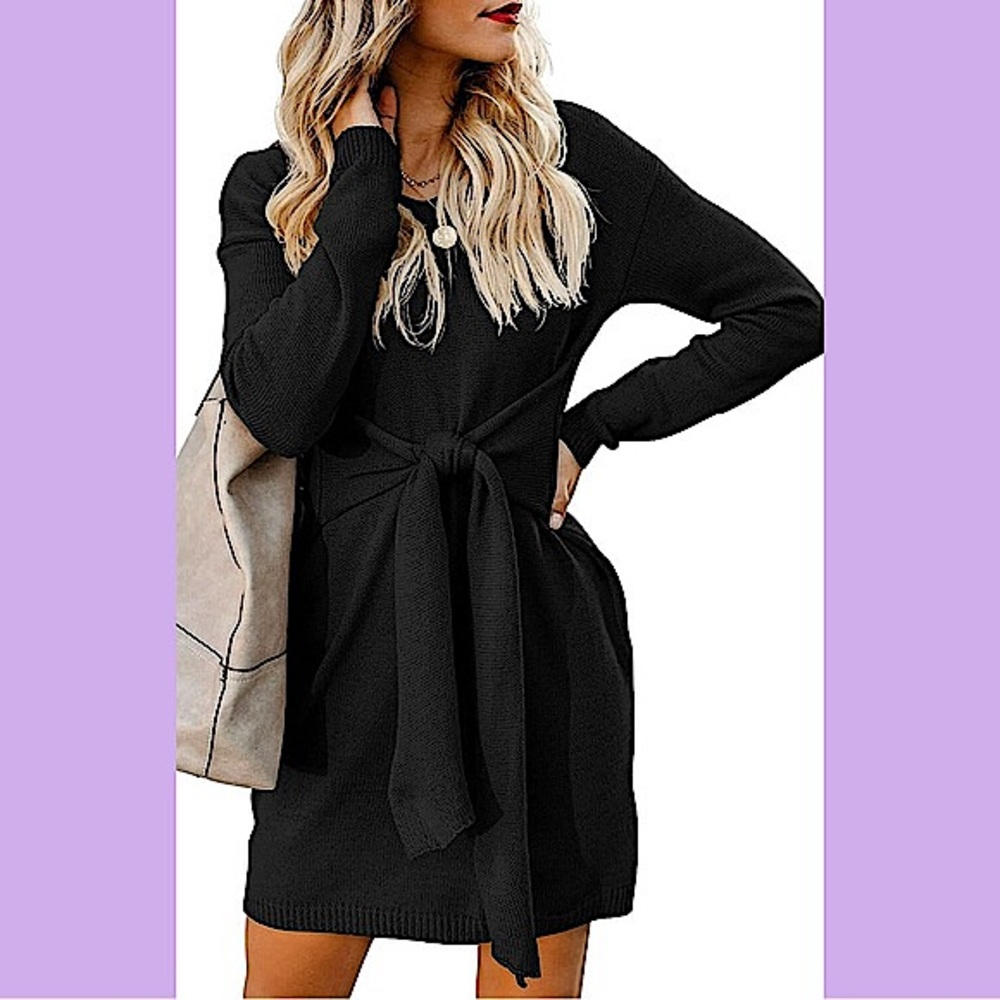 Boutique Black Tie Waist Sweater Dress